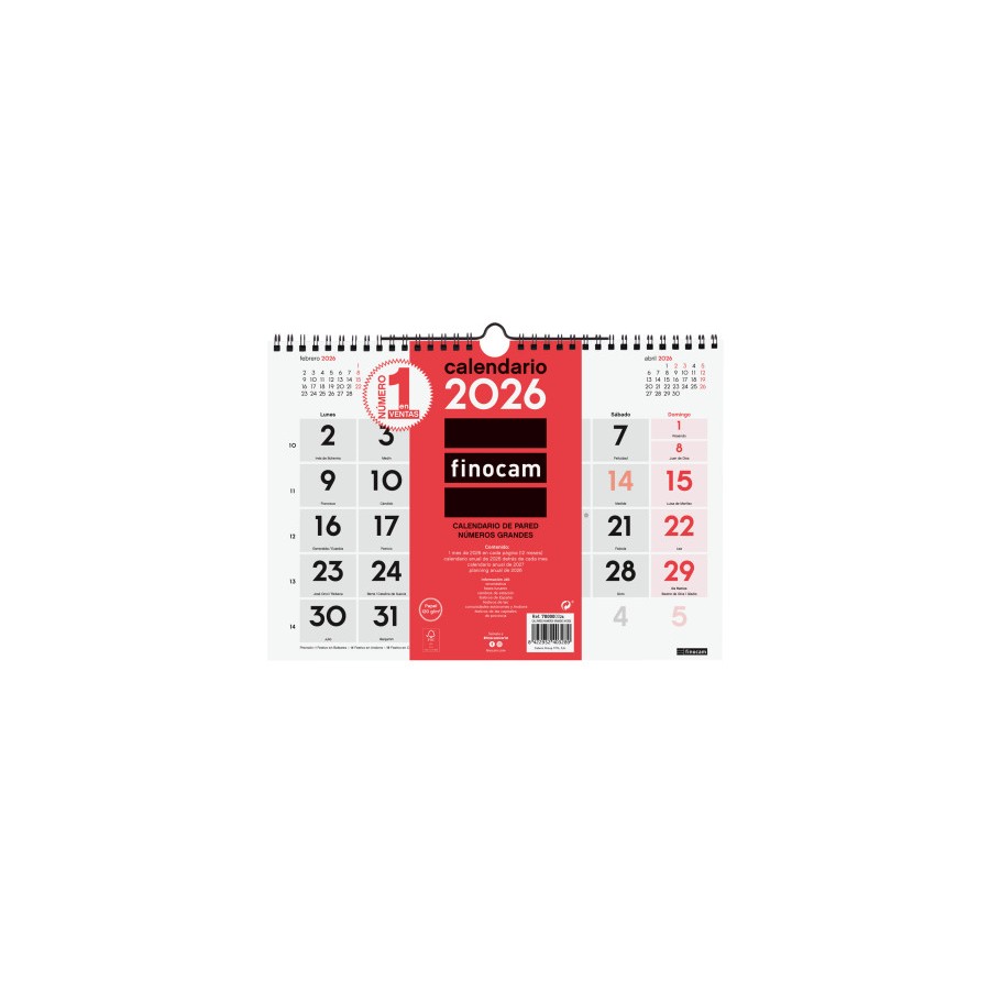 30301-CALENDARIO 2026 NEUTRO PARED NUMEROS GRANDES M 300X210MM FINOCAM 780000026