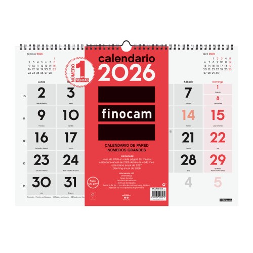30354-CALENDARIO 2026 NEUTRO PARED NUMEROS GRANDES L 430X310MM FINOCAM 780010026