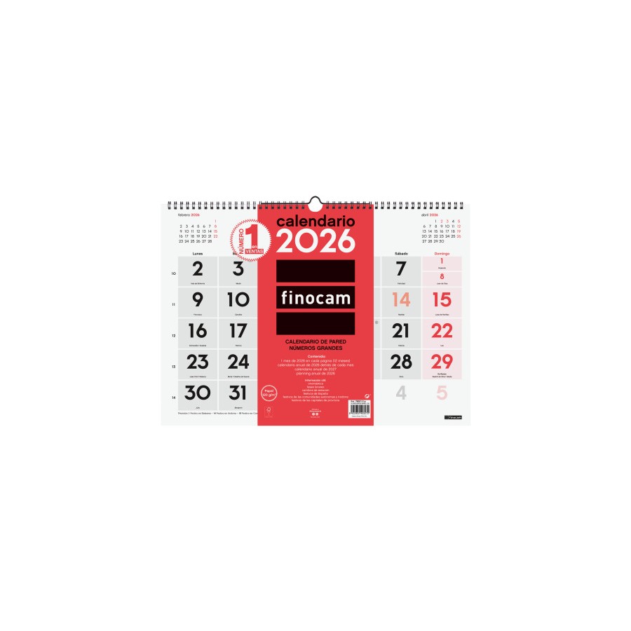 30354-CALENDARIO 2026 NEUTRO PARED NUMEROS GRANDES L 430X310MM FINOCAM 780010026