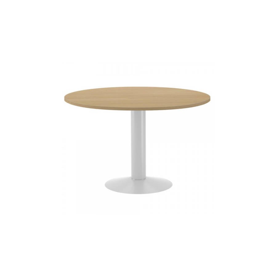 3090-MESA DE REUNIONES REDONDA 120CM DE DIAMETRO. ALTURA 72CM. COLOR: PATA METALICA BLANCA / TABLERO ROBLE ROCADA 3006AT