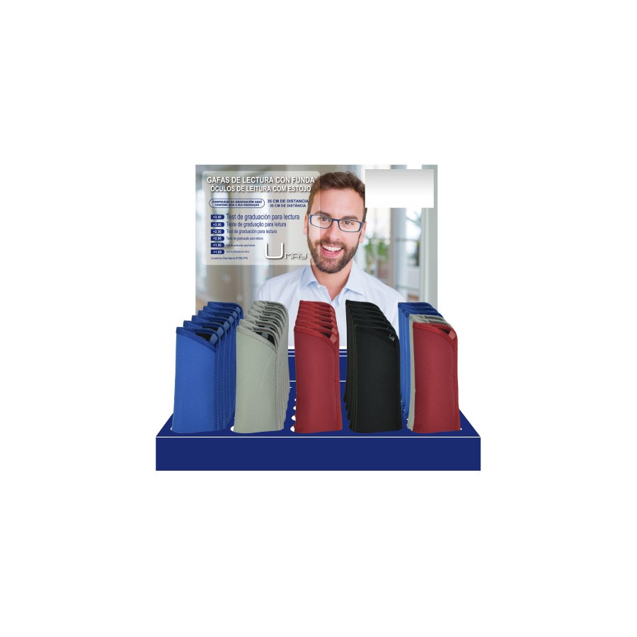 32602-EXPOSITOR 30 GAFAS LECTURA CABALLERO PATILLAS FLEXIBLES 4 MODELOS COLORES Y GRADUACIONES SURTIDOS UMAY 329652