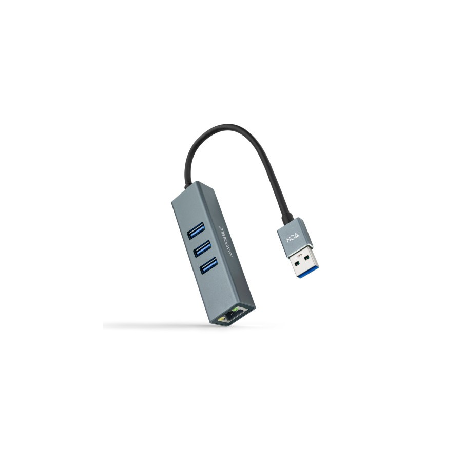 32837-Nanocable Conversor USB 3.0 a Ethernet Gigabit + 3XUSB 3.0, Aluminio, Gris, 15 cm