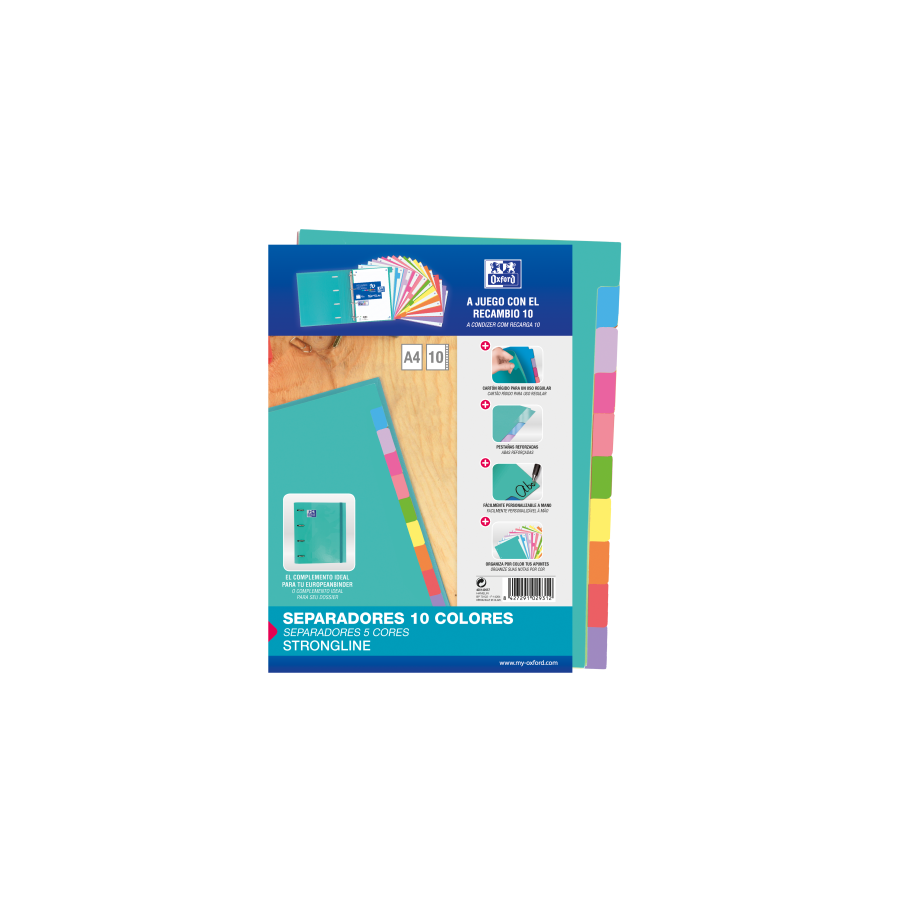 32880-SEPARADORES CARTULINA STRONGLINE A4 10 POSICIONES - 10 COLORES OXFORD 400149957