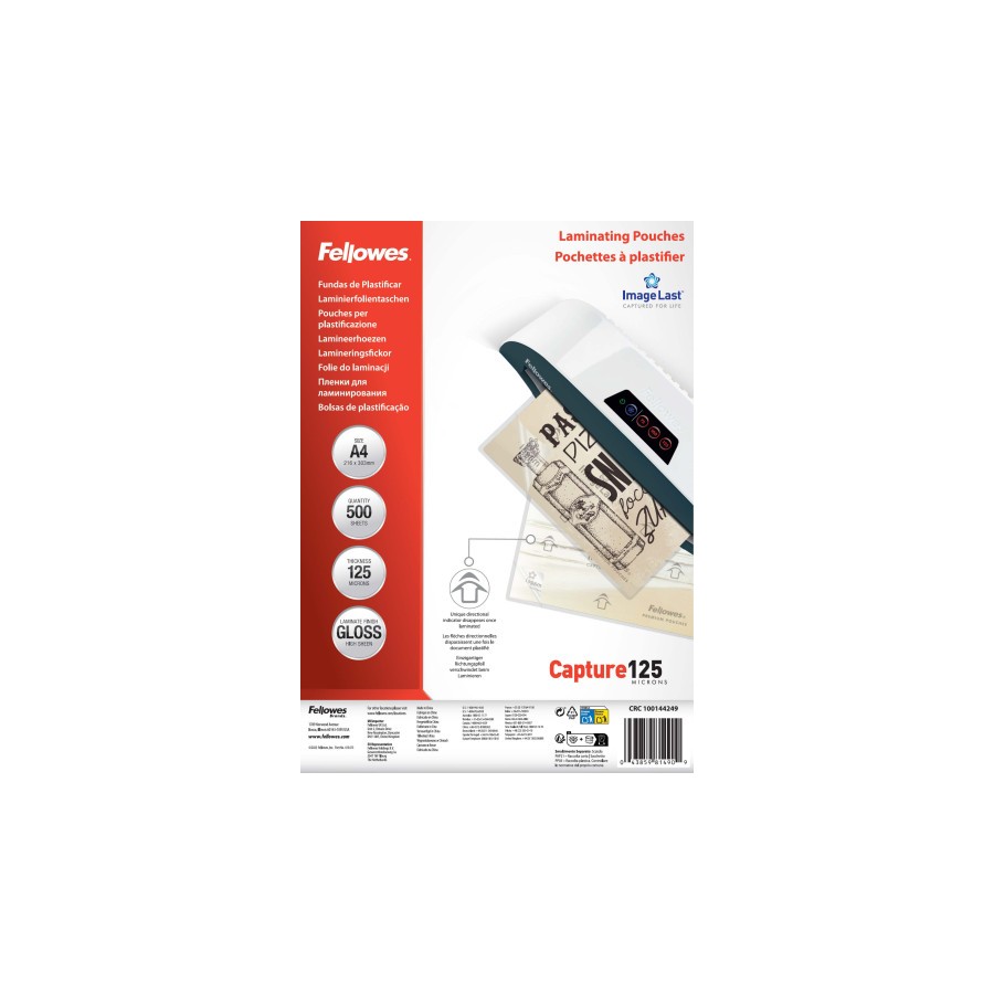 34815-PACK 500 FUNDAS PLASTIFICAR 125 MICRAS BRILLO A4 (216X303 MM) FELLOWES 100144249