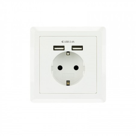 35583-Nanocable Base de enchufe de pared tipo schuko con 2 tomas USB Max. 2.4A, blanca