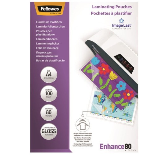 367-PACK 100 BOLSAS PLASTIFICACION 80 MICRAS A4 216X303 FELLOWES 5306114