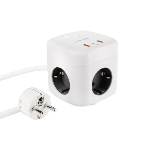 38409-Nanocable Base de 3 enchufes con 3 USB (2 USB-A + 1 USB-C), GaN + PPS, PD 20W, con interruptor, Blanco