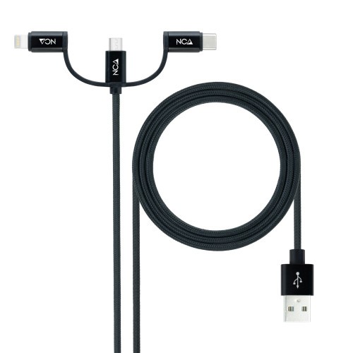 39575-Nanocable Cable USB 3 en 1 Carga/Datos USB-A a USB-C/Micro USB/Lightning 1 m, Negro