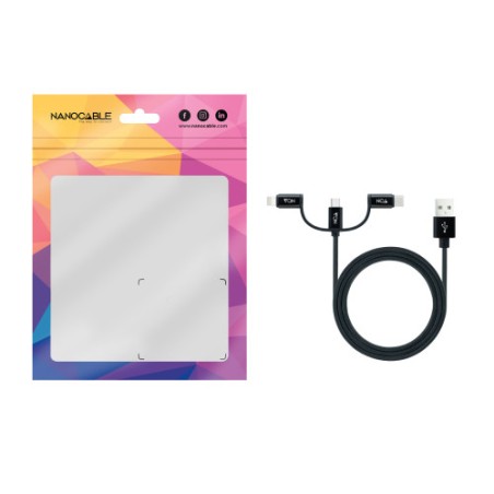 39576-Nanocable Cable USB 3 en 1 Carga/Datos USB-A a USB-C/Micro USB/Lightning 1 m, Negro