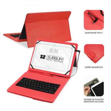 5087-SUBBLIM Funda con Teclado Micro USB - USB C KEYTAB PRO USB 10,1" Red