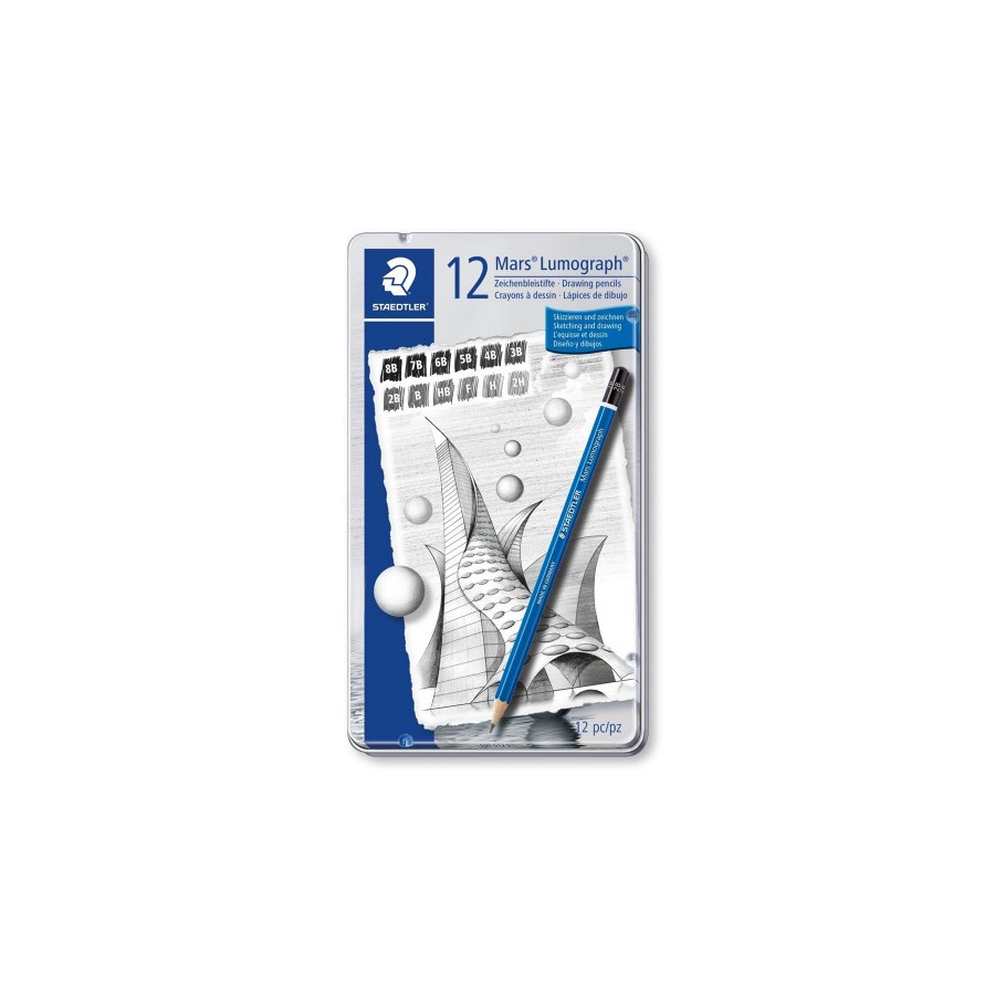 5195-ESTUCHE DE METAL CON 12 LAPICES, GRADUACIONES 8B,  7B,  6B,  5B,  4B,  3B,  2B,  B,  HB,  F,  H,  2H STAEDTLER 100