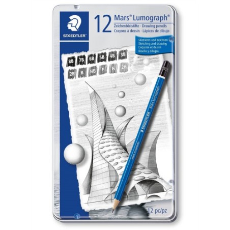 5195-ESTUCHE DE METAL CON 12 LAPICES, GRADUACIONES 8B,  7B,  6B,  5B,  4B,  3B,  2B,  B,  HB,  F,  H,  2H STAEDTLER 100