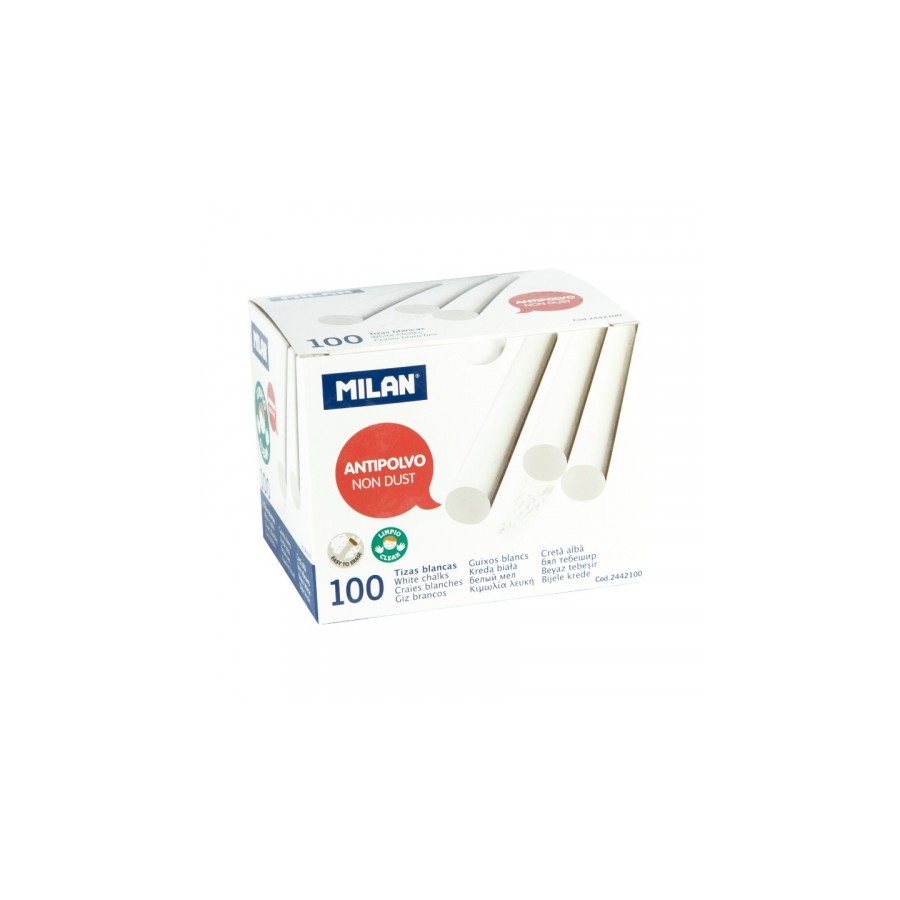 5344-CAJA 100 TIZAS DE CARBONATO DE CALCIO BLANCAS REDONDAS -ANTIPOLVO MILAN 2442100