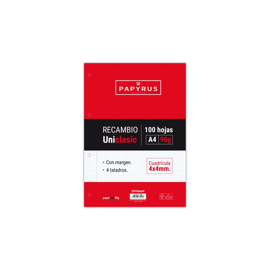 5403-RECAMBIO PAQUETE 100 HOJAS A4 UNICLASIC 90 GR. 4X4 CON MARGEN PAPYRUS 53391000