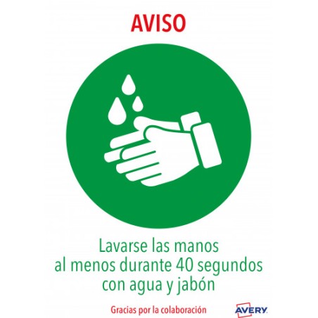 5617-SENALES ADHESIVOS PREIMPRESO  "LAVARSE LAS MANOS" SOBRE DE 2 HOJAS EN A4 AVERY AV_KITCOVID1_ES
