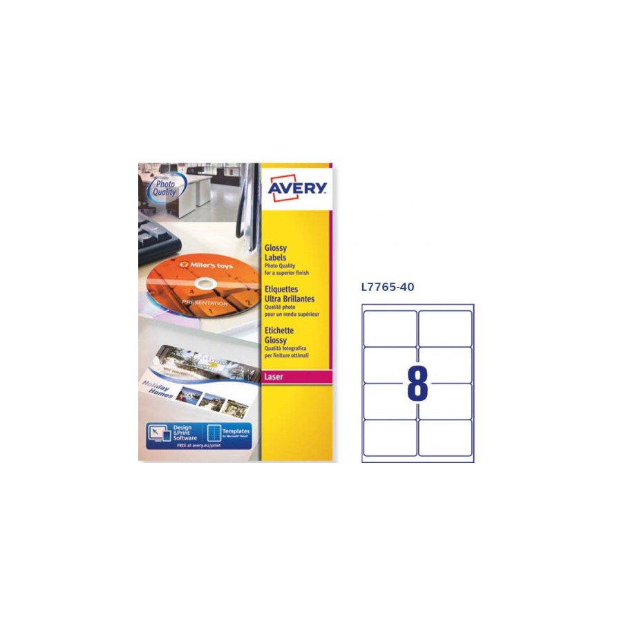 6978-CAJA DE 40 HOJAS (8 ETIQXHOJA) ETIQUETAS BLANCAS BRILLANTES 99,1X67,7MM AVERY L7765-40