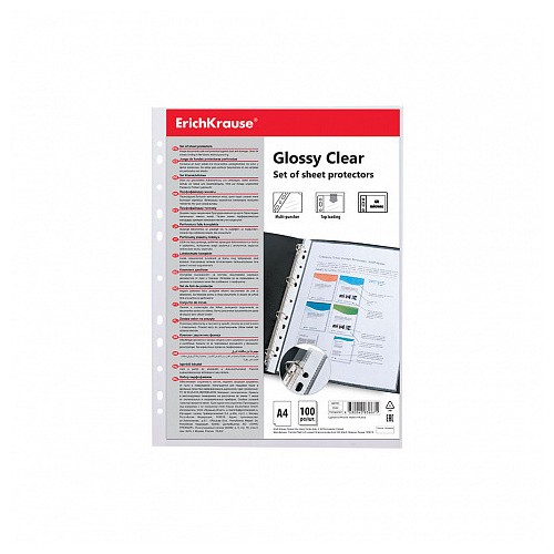 7038-SET DE 100 FUNDAS MULTITALADRAS GLOSSY CLEAR, 60 MCM, A4, TRANSPARENTE ERICH KRAUSE 46703