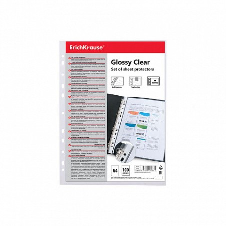 7038-SET DE 100 FUNDAS MULTITALADRAS GLOSSY CLEAR, 60 MCM, A4, TRANSPARENTE ERICH KRAUSE 46703