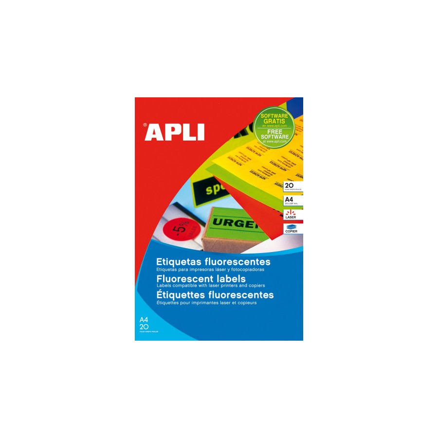 7290-PACK 20 HOJAS (20UD.)ETIQUETAS AMARILLO FLUORESCENTE PERMANENTES 210,0 X 297,0 MM APLI 2878
