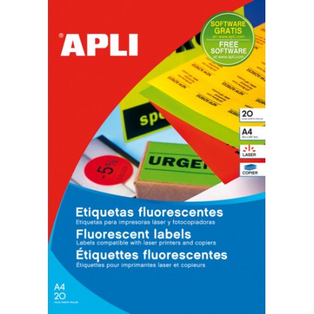 7290-PACK 20 HOJAS (20UD.)ETIQUETAS AMARILLO FLUORESCENTE PERMANENTES 210,0 X 297,0 MM APLI 2878