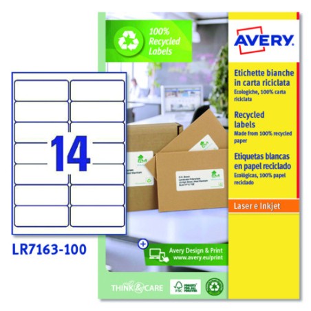 7305-CAJA 100 ETIQUETAS BLANCAS RECICLADAS - QUICKPEEL - IMPRESORAS LASER 99,1X38,1MM - 14 ETIQUETAS POR HOJA AVERY LR71