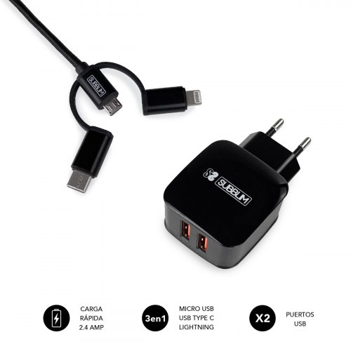 8485-SUBBLIM CARGADOR USB DE VIAJE/PARED 2xUSB (2.4A) + CABLE 3EN1 BLACK Negro Interior