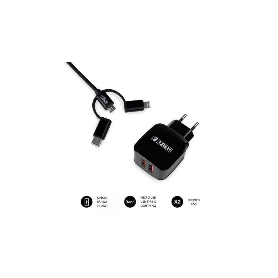 8485-SUBBLIM CARGADOR USB DE VIAJE/PARED 2xUSB (2.4A) + CABLE 3EN1 BLACK Negro Interior