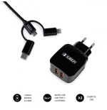 8485-SUBBLIM CARGADOR USB DE VIAJE/PARED 2xUSB (2.4A) + CABLE 3EN1 BLACK Negro Interior