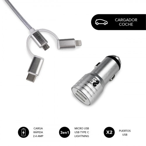 8487-SUBBLIM Cargador Coche 2xUSB Dual Car Charger Alum 2.4A + Cable 3 in 1 Silver