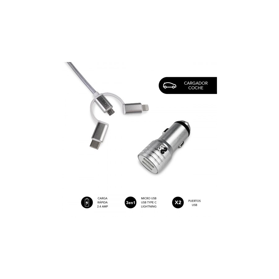 8487-SUBBLIM Cargador Coche 2xUSB Dual Car Charger Alum 2.4A + Cable 3 in 1 Silver