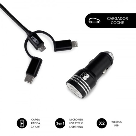 8489-SUBBLIM Cargador Coche 2xUSB Dual Car Charger Alum 2.4A + Cable 3 in 1 Black