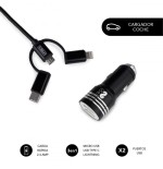 8489-SUBBLIM Cargador Coche 2xUSB Dual Car Charger Alum 2.4A + Cable 3 in 1 Black