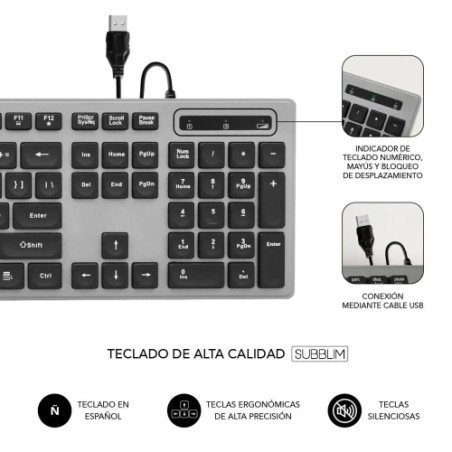 9375-SUBBLIM Teclado Ergonomico con cable USB Plano Silencioso Gris/Negro Ergo