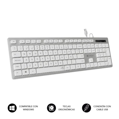9376-SUBBLIM Teclado Ergonomico con cable USB Plano Silencioso Plateado/Blanco Ergo