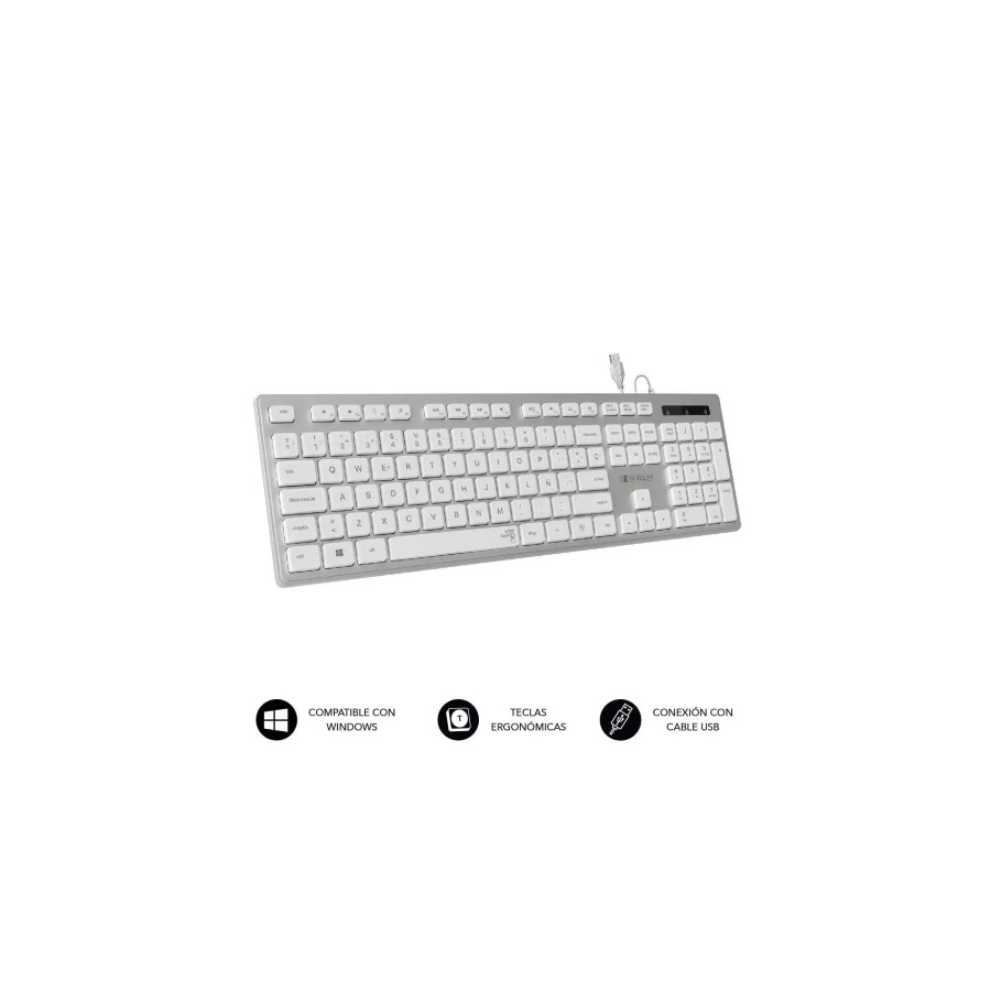 9376-SUBBLIM Teclado Ergonomico con cable USB Plano Silencioso Plateado/Blanco Ergo