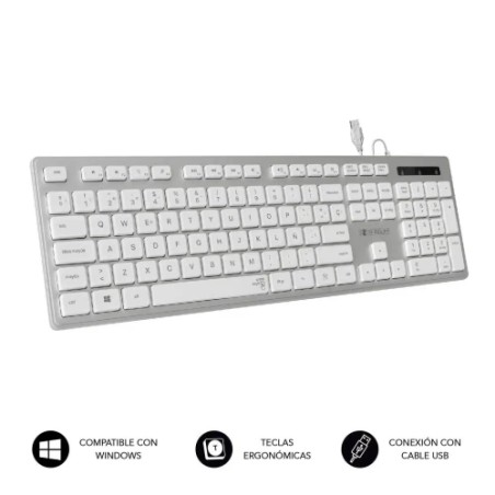 9376-SUBBLIM Teclado Ergonomico con cable USB Plano Silencioso Plateado/Blanco Ergo