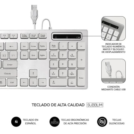 9377-SUBBLIM Teclado Ergonomico con cable USB Plano Silencioso Plateado/Blanco Ergo