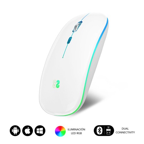 9887-RATON OPTICO INALAMBRICO 2.4G Y BT RGB LED DUAL FLAT MOUSE WHITE