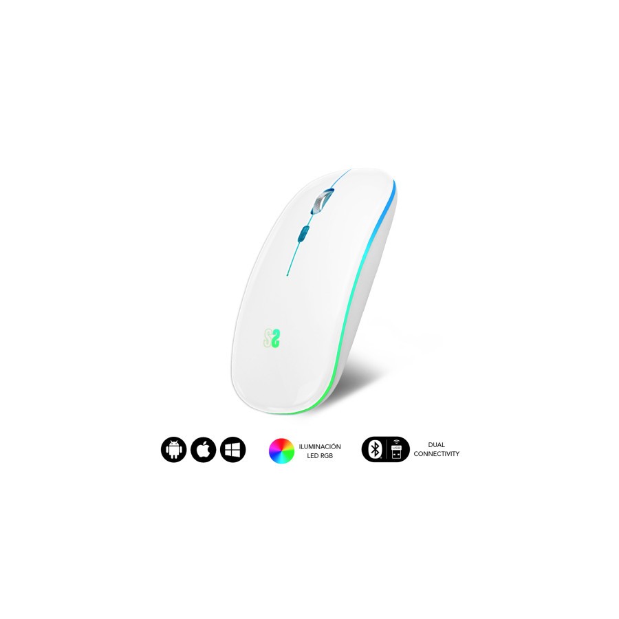 9887-RATON OPTICO INALAMBRICO 2.4G Y BT RGB LED DUAL FLAT MOUSE WHITE