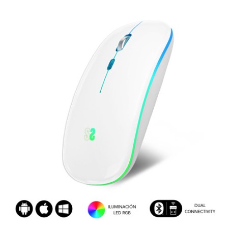 9887-RATON OPTICO INALAMBRICO 2.4G Y BT RGB LED DUAL FLAT MOUSE WHITE